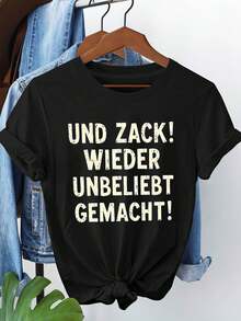 ¡Alemania ZA! ¡OTRA VEZ UN ÉXITO! Camiseta de manga corta para mujer, con cuello redondo y estampado de texto, ideal para salidas informales, regalos de vacaciones, reuniones con amigos, uso diario y conjuntos para ir de compras el fin de semana. - Negro - Ver 1