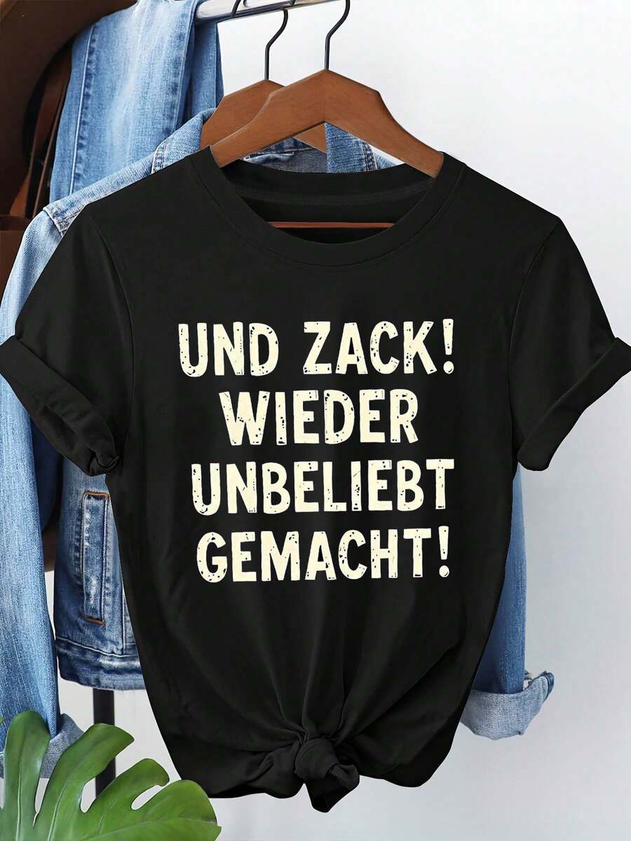 ¡Alemania ZA! ¡OTRA VEZ UN ÉXITO! Camiseta de manga corta para mujer, con cuello redondo y estampado de texto, ideal para salidas informales, regalos de vacaciones, reuniones con amigos, uso diario y conjuntos para ir de compras el fin de semana. - Negro - Ver 1