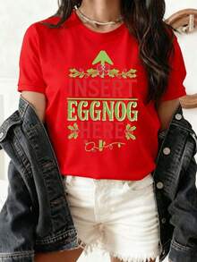 Minimalist Eggnog Christmas T-Shirt, Soft Cotton, Street Hip Hop Style, Comfortable, Durable, And With A Unique Graphic Print. Women's Simple Solid Color T-Shirt, Loose And Slim Fit Casual Short Sleeve - 紅色的 - 查看 7
