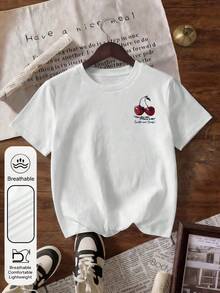 Plus Size Women's Cherry Print Round Neck Short Sleeve Casual Retro Style White T-Shirt, Summer - White - View 4