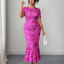 Elenzya Plus Size Women Floral Print Stretch Knit Bodycon Dress, Round Neck Short Sleeve Fitted Dress, Available In June - Multicolor - Ver 4
