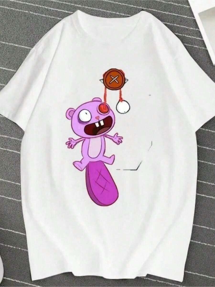 Camisetas estampadas de moda para mujer, tops de estilo urbano de gran tamaño, camisetas de verano cómodas y elegantes que combinan con todo. Camiseta con estampado gráfico de dibujos animados "Tree Friends Candy Kills" para mujer, estilo urbano, kawaii, regalo divertido y feliz de Y2K para novia. - Blanco - Ver 1