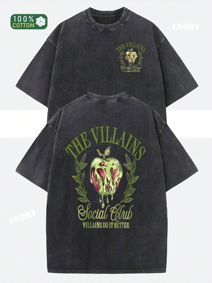 Retro Villain Social Club T-Shirt - 100% Pure Cotton, Short-Sleeved Crew Neck T-Shirt In Soft Washed Black, Featuring An Iconic Villain Logo And/Or Leaf Print On The Chest, Casual Wear Suitable For All Seasons, An Ideal Gift For Villain Fans. - 黑色 - 查看 1
