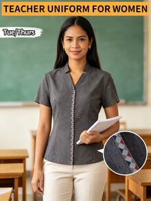 Emile Casual Modern Filipino Women Short Sleeve Shirt, Elegant Teacher Blouse - Dark Grey - View 2