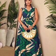 Plus Size Women's Spring/Summer Sleeveless Shirt Dress - Front Button Design With Pleated Maxi Dress, Casual Office Wear; Tropical Print Sleeveless Elastic Waist Dress - Summer Beach Holiday Outfit Elegant - Verde azulado - Ver 7