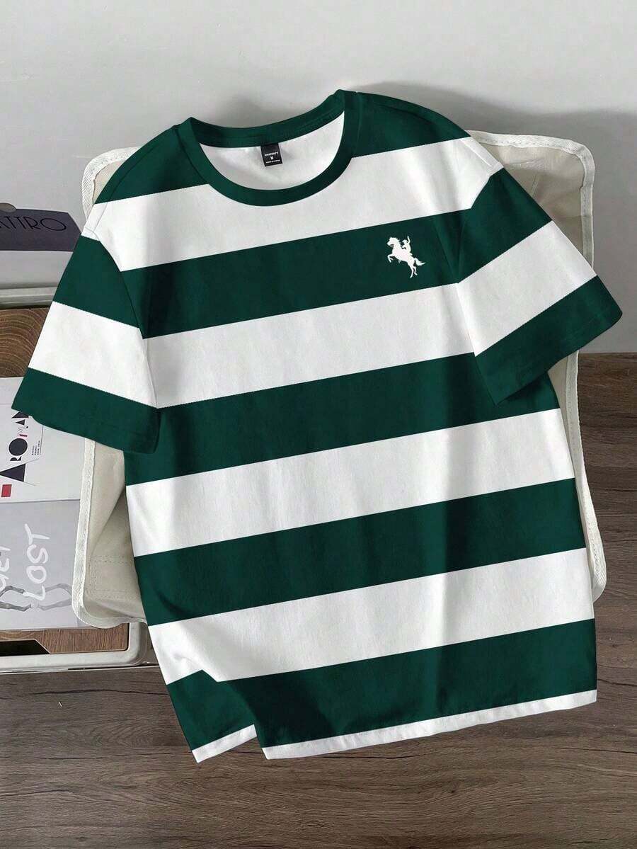 Minimalist Blue Striped Casual T-Shirt, Suitable For School, Going Out, Simple And Versatile, Summer Style - 綠色 - 查看 1