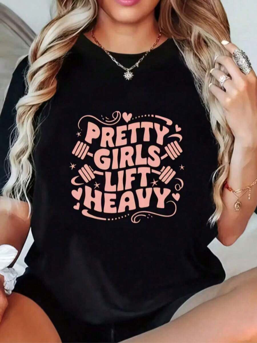 Camiseta de manga corta para mujer, talla grande, informal, con estampado gráfico de "Birthday Queen" - Diseño de letras doradas y patrón de labios, camiseta elástica de cuello redondo para cumpleaños y celebraciones, camiseta de cumpleaños, ropa de celebración, atuendo festivo, tela de elasticidad media, 100% algodón. - Negro - Ver 1