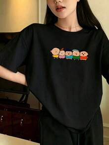 Camiseta de manga corta para mujer, de verano, cuello redondo, corte holgado, 100% algodón. - Negro - Ver 2