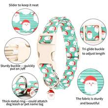 Olive Green Striped Background Winter Holiday Pattern Printed Dog Collar, Adjustable Skin-Friendly Polyester Webbing Suitable For Small, Medium And Large Dogs, Secure Quick-Release Plastic Buckle, Ideal For Indoor Rest And Outdoor Christmas Outings, With Santa Claus Charm, Coordinated Holiday Daily Pet Collar Accessory - Mint Green - View 3