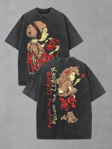 Korn Follow The Leader Nu Metal, Washed Oversized Graphic T-Shirt, Men's Short Sleeve Pure Cotton, Relaxed Fit, 90s Grunge Streetwear, Cartoon Aesthetic, Wide 100% Cotton Pullover Gift - 黑色 - 查看 1