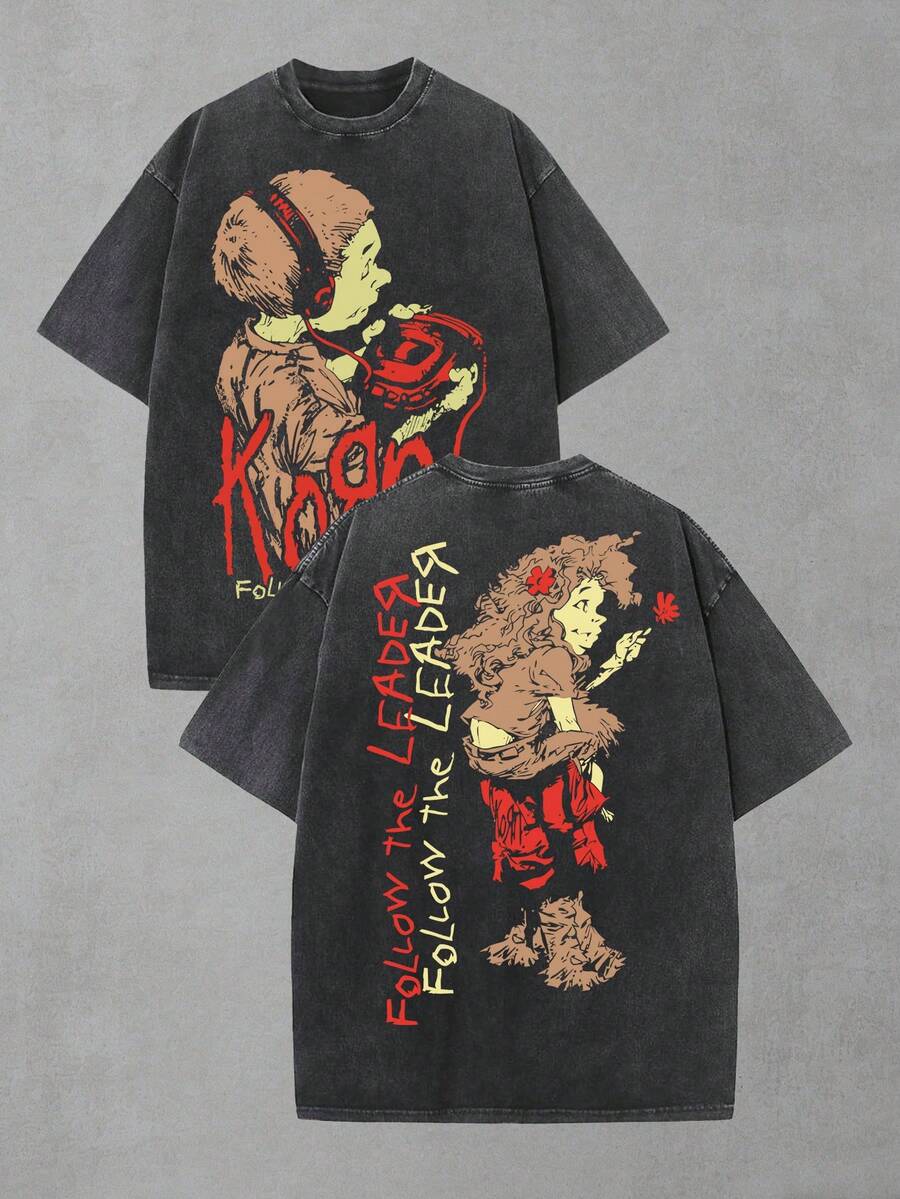 Korn Follow The Leader Nu Metal, Washed Oversized Graphic T-Shirt, Men's Short Sleeve Pure Cotton, Relaxed Fit, 90s Grunge Streetwear, Cartoon Aesthetic, Wide 100% Cotton Pullover Gift - 黑色 - 查看 1