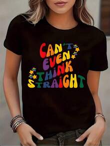 Camiseta de manga corta con cuello redondo y estampado de arcoíris para mujer, ideal para uso casual en festivales del orgullo, con tela cómoda, adecuada para regalar, 220g. - Negro - Ver 5