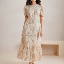 Women Elegant Floral Lace Patchwork Sequins Rope Embroidered Round Neck Short Sleeve Dress - Blanco - Ver 7