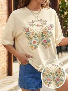 Camiseta Oversize con Gráfico de Bordado Falso de Mariposas Florales - Algodón Suave, Estilo Cottagecore, Casual, Hombros Caídos, , Una Pieza, 35% Algodón, 65% Poliéster. - Albaricoque - Ver 6