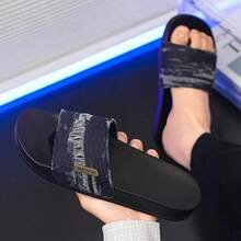 1双男士休闲套脚拖鞋，2026春季新款，防滑时尚沙滩凉鞋，条纹露趾轻便EVA软底室内外皆可穿着 - 深藍 - 查看 6