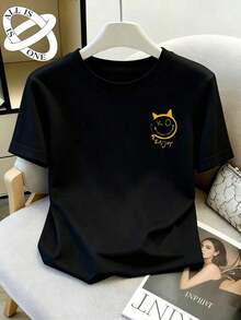 Fashion Printed T‑Shirts for Women, Oversized Streetwear Tops, Comfortable and Stylish All‑Match Summer TeesIS ONE Algodón Puro Camiseta Oversize Holgada Unisex Con Estampado De Cara Sonriente De Diablito Estilo Cejero Americano, Manga Corta Para Deporte Y Fitness - Negro - Ver 7
