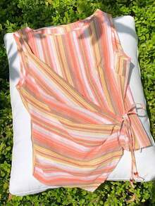 Camiseta de mujer de unicolor con dobladillo asimétrico, cintura con lazo y cuello redondo - Naranja - Ver 6