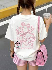 Disney Dios está con ella, no caerá. Ideal para regalar a niños que aman y creen en Dios. Camiseta estampada de algodón, cómoda y holgada, de manga corta. - Blanco - Ver 3