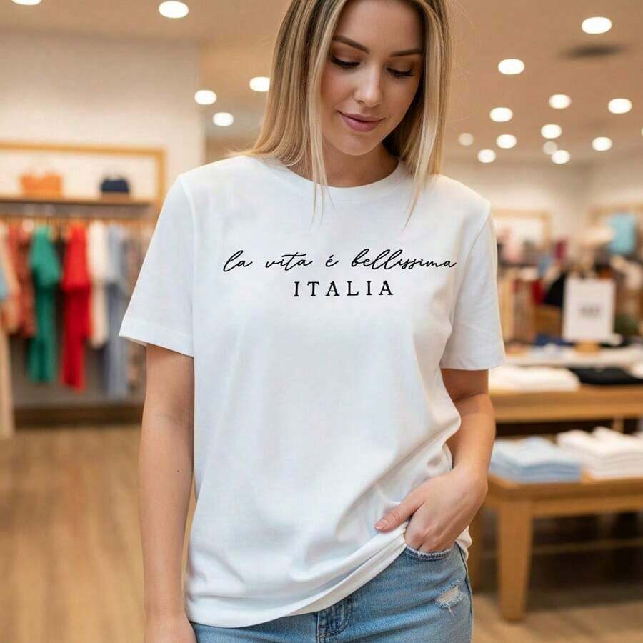 Women's Cotton T-Shirt With "La Vita E Italia" Print, Casual Round Neck, Short Sleeve, Loose Fit, Basic T-Shirt For Everyday Use, Available In Sizes S To 5XL, Soft And Comfortable Pure Cotton Blouse, T-Shirt With Italian Phrase Graphic. - 白色 - 查看 1