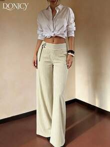 Pantalones anchos de rayas azul marino de moda para mujer, tela con caída, detalles de botón de metal de cintura alta, adecuados para la oficina y ocasiones casuales - Albaricoque - Ver 7