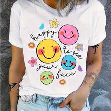 100% Cotton Women's T-Shirts 2026, Funny Face Print T-Shirt, "Back To Teacher" T-Shirt, "Glad To See You" T-Shirt, "Teacher Life" T-Shirt, Teacher Appreciation Gift, Teacher's Day Gift, Korean Style - White - View 7