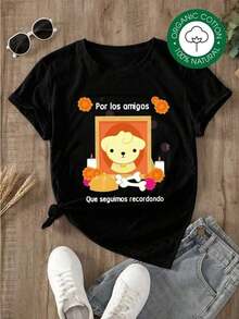 Women's Blouses, Women's T-Shirts, Casual Blouses For Ladies. Women's Oversized Black Cotton T-Shirt With Illustrated Commemorative Print Of A Dog In A Frame With Marigold Flowers, Candles And The Message "For The Friends We Still Remember", Modern And Special Design 2CEK - 黑色 - 查看 1