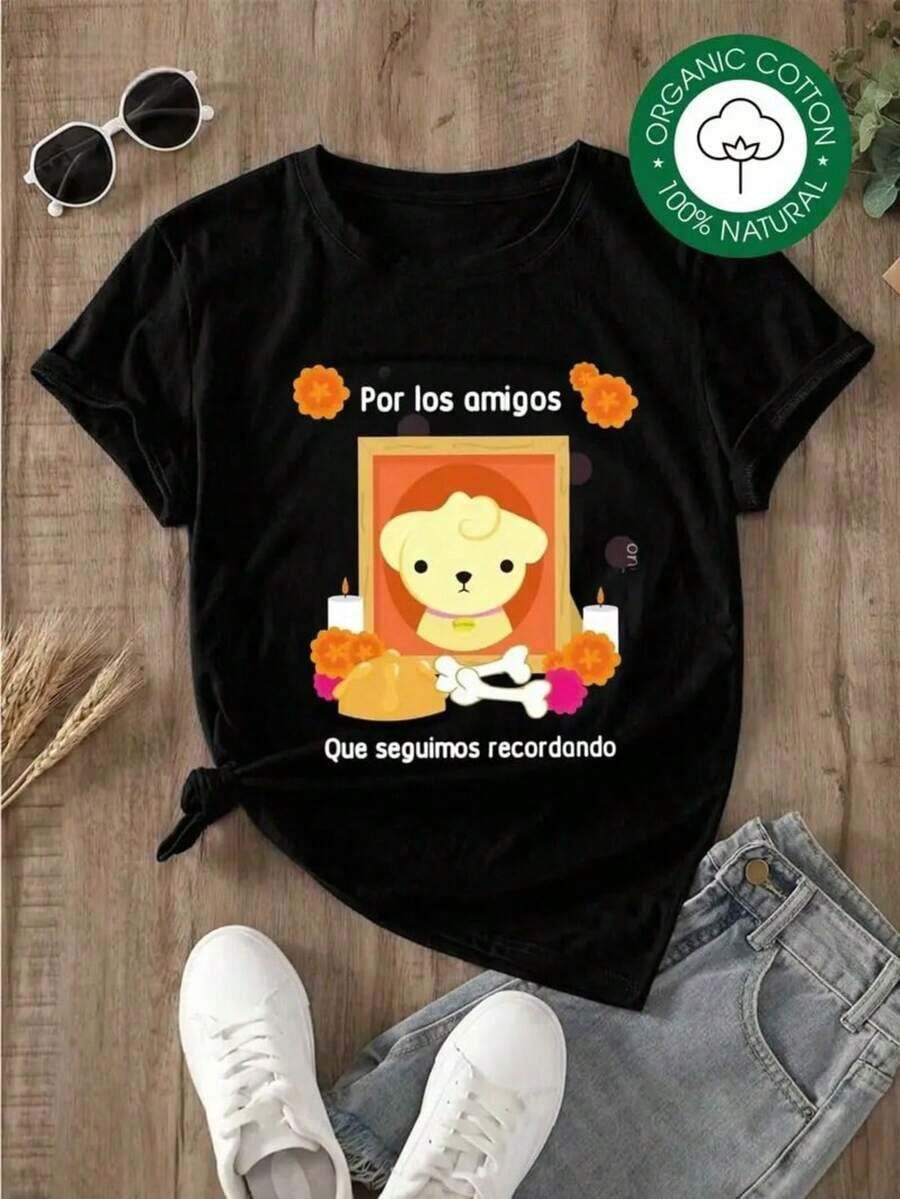 Women's Blouses, Women's T-Shirts, Casual Blouses For Ladies. Women's Oversized Black Cotton T-Shirt With Illustrated Commemorative Print Of A Dog In A Frame With Marigold Flowers, Candles And The Message "For The Friends We Still Remember", Modern And Special Design 2CEK - 黑色 - 查看 1