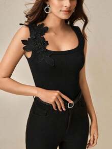 Camiseta de punto de costilla con bordado, de ajuste ceñido, de moda - Negro - Ver 6
