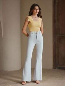 Camiseta de punto de costilla con bordado, de ajuste ceñido, de moda - amarillo ganso - Ver 6