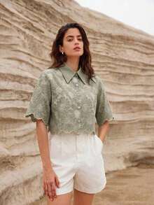 Blusa elegante con bordado de margaritas al azar y calado - Verde Oliva - Ver 5