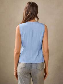 Chaleco estilo BOHO casual de estilo campestre estadounidense en color crema amarillento, con tirantes delgados, adecuado para maestras, oficina, viajes, con aspecto vintage.Blusa de verano para mujer en color amarillo claro, top de verano para mujer, top con lazo amarillo, top envolvente amarillo, top cruzado para mujer, top de verano para mujer de estilo occidental, para maestras de campo - Celeste - Ver 6