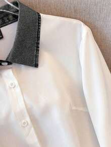 Camisa de efecto de mezclilla de parchwork casual para mujer, otoño/invierno - Gris 2 - Ver 4