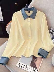 Camisa de efecto de mezclilla de parchwork casual para mujer, otoño/invierno - Albaricoque - Ver 5