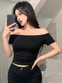Blusa elástica de malla transparente con hombros descubiertos, para primavera/verano - Negro 3 - Ver 7