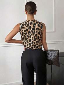 Camisa casual sin mangas con nudo delantero y estampado de leopardo para mujer - Café integral - Ver 2