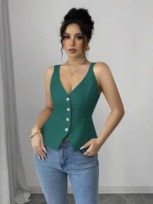 Camiseta sin mangas de un solo pecho de unicolor casual para mujer - Verde - Ver 7