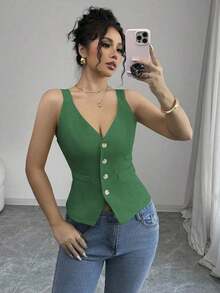 Camiseta sin mangas de un solo pecho de unicolor casual para mujer - Verde 2 - Ver 8