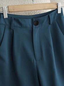 Pantalones casuales sueltos con bolsillos plisados de unicolor para mujer - Azul - Ver 3