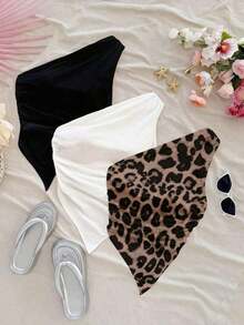Set de 3 blusas de mujer con hombros descubiertos y bajo asimétrico en estampado de leopardo en rojo y negro, inspiradas en el estilo de vacaciones, adecuadas para el verano y la playa - Multicolor 6 - Ver 4