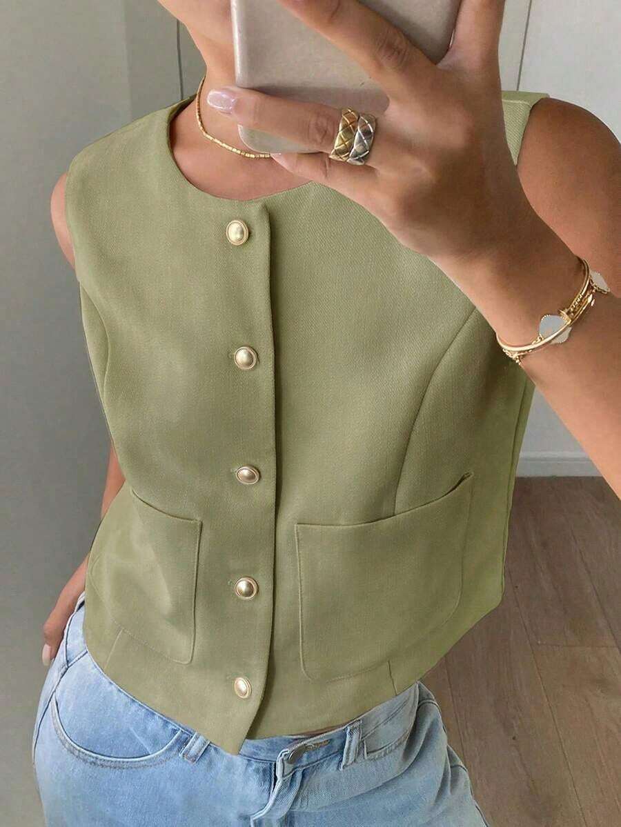 Chaqueta ajustada sin mangas de cuello redondo de unicolor para mujer, primavera/verano - Verde - Ver 1