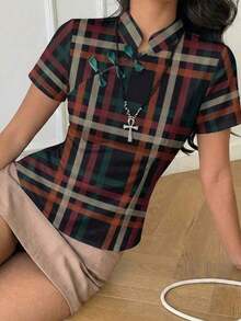 Blusa de cuello Mao de manga corta con cintura ceñida, estilo chino nuevo en color albaricoque, nuevo diseño de primavera/verano para mujer - Multicolor 2 - Ver 4