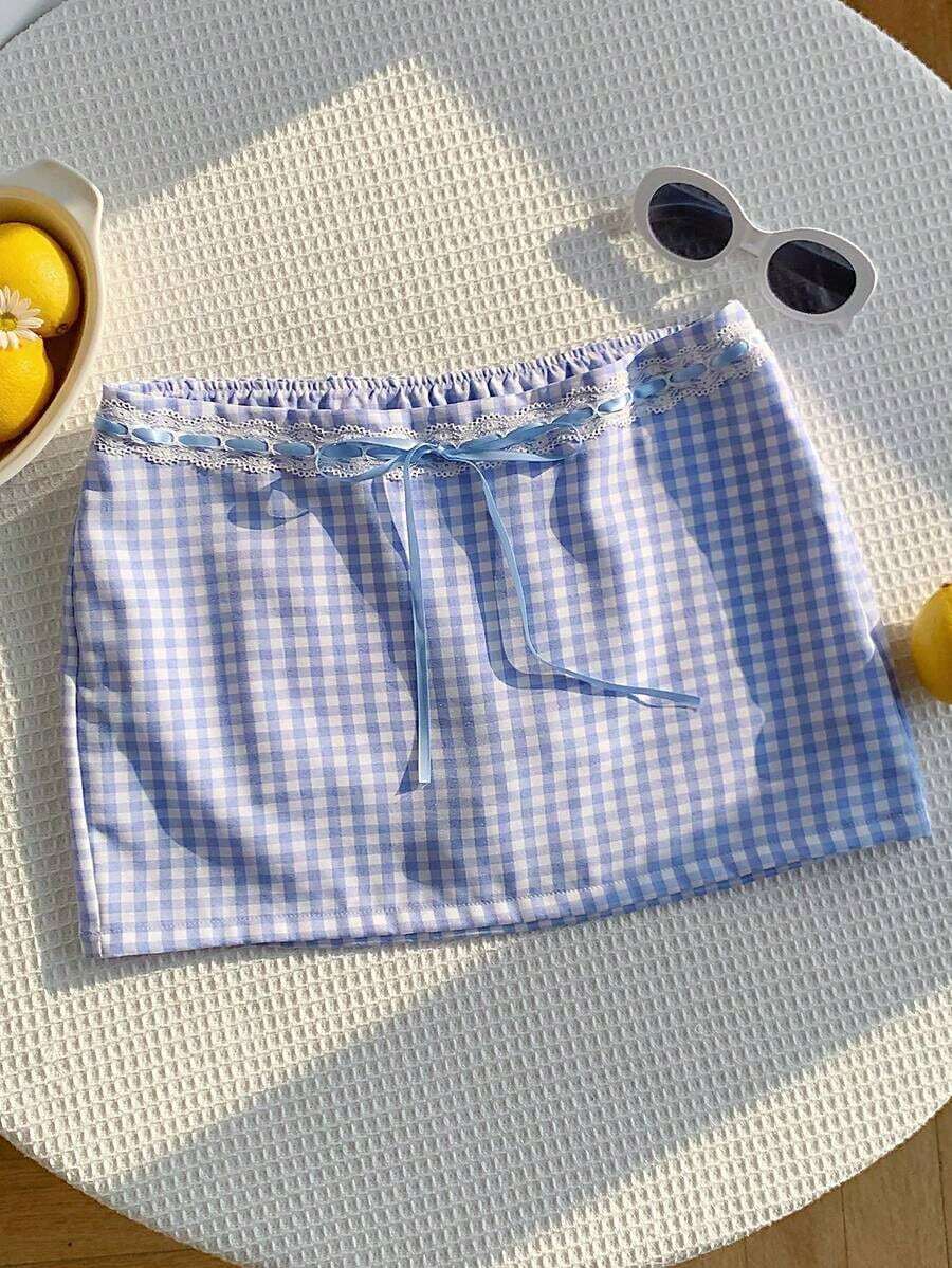 Falda corta de verano informal para mujer con cintura baja de unicolor - Azul 2 - Ver 1