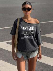 Camiseta de manga corta holgada con estampado todo sobre hombros descubiertos de estilo minimalista casual para mujer, estampado a rayas retro americano, camiseta de hombros abiertos, ropa urbana para mujer - Negro 4 - Ver 4