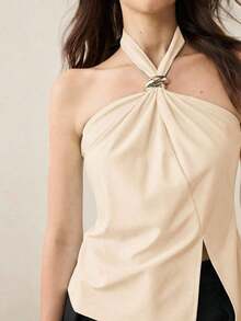 Top con cuello de halter, diseño de botón de metal verde, abertura lateral, elegante y chic para uso urbano y diario, estilo romántico retro de los 90.Adecuado para Navidad, Año Nuevo, San Valentín, fiestas, playa, graduación, moda, carnaval, bod - Albaricoque - Ver 3