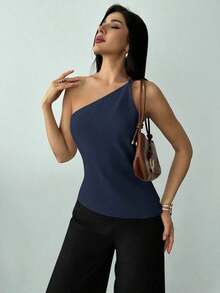 Nueva llegada Primavera/Verano Elegante Top casual de lino color albaricoque con cintura fruncida, bajo asimétrico y espalda descubierta - Azul marino - Ver 3
