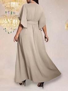 Vestido maxi elegante de fiesta con abertura, cuello en V ajustado, mangas acampanadas y cintura fruncida, talla grande para mujer - Albaricoque - Ver 2