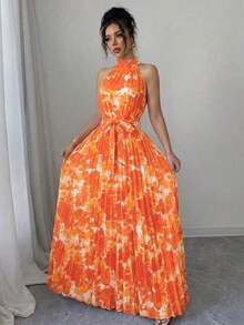 Vestido elegante y romántico con estampado floral, cuello con volantes y cintura plisada en línea A, adecuado para citas, primavera/verano - Multicolor 6 - Ver 4