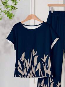 2 piezas Conjunto de camisa y pantalones casuales con estampado de plantas para mujer, primavera/verano, casual - Multicolor 2 - Ver 4