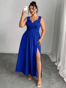 Elenzya Vestido línea A con cuello en V, contraste de encaje, tirantes finos y abertura para tallas grandes - azul real - Ver 6