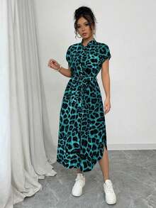 Vestido largo de manga corta para verano 2025, nuevo, con bolsillo, abertura lateral, cinturón y lazo, estampado de leopardo, para uso casual y de viaje - Verde Oliva - Ver 6